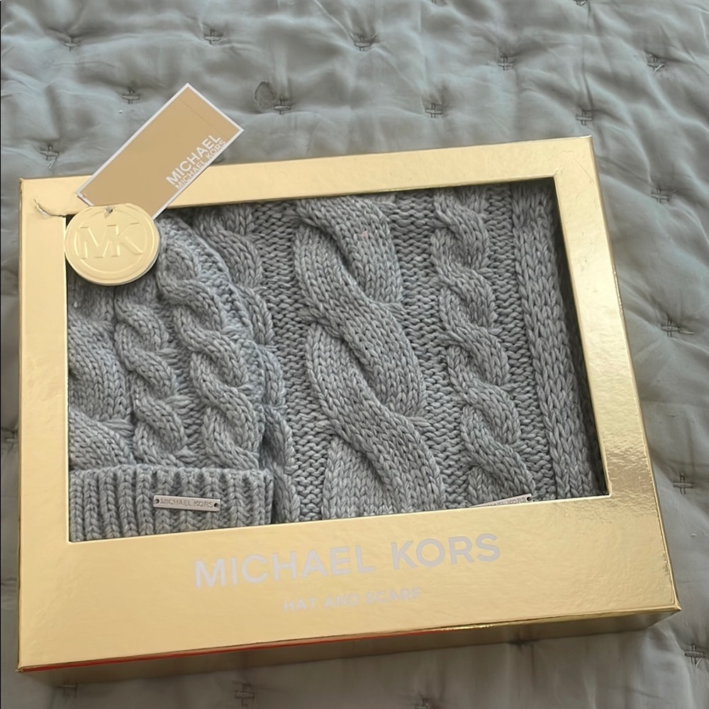 Michael Kors Light Gray Cable Knit hat and scarf